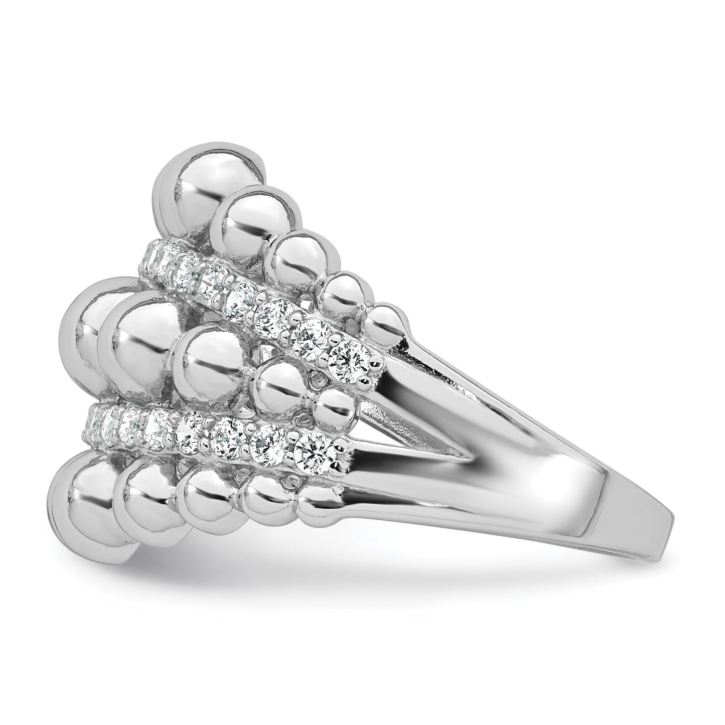 Sterling Silver Rhodium-plated Polished Graduated Beaded Fancy CZ Size 7 Ring