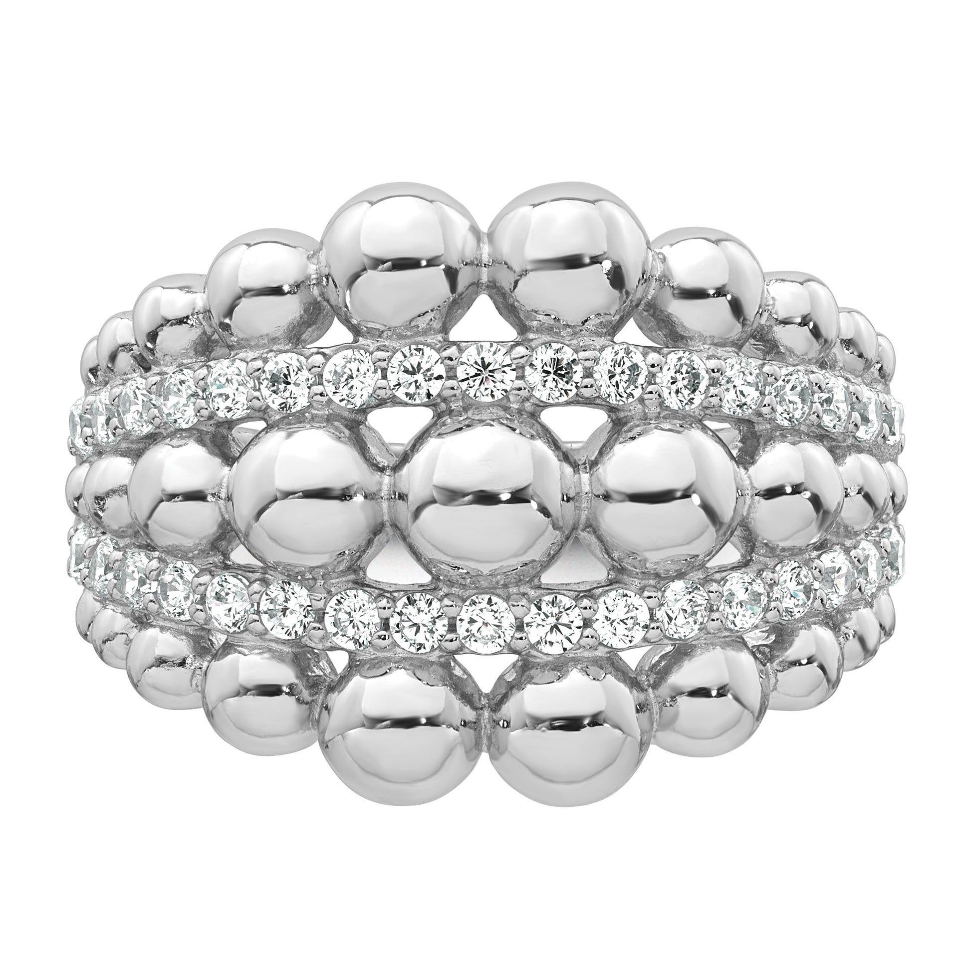 Sterling Silver Rhodium-plated Polished Graduated Beaded Fancy CZ Size 6 Ring