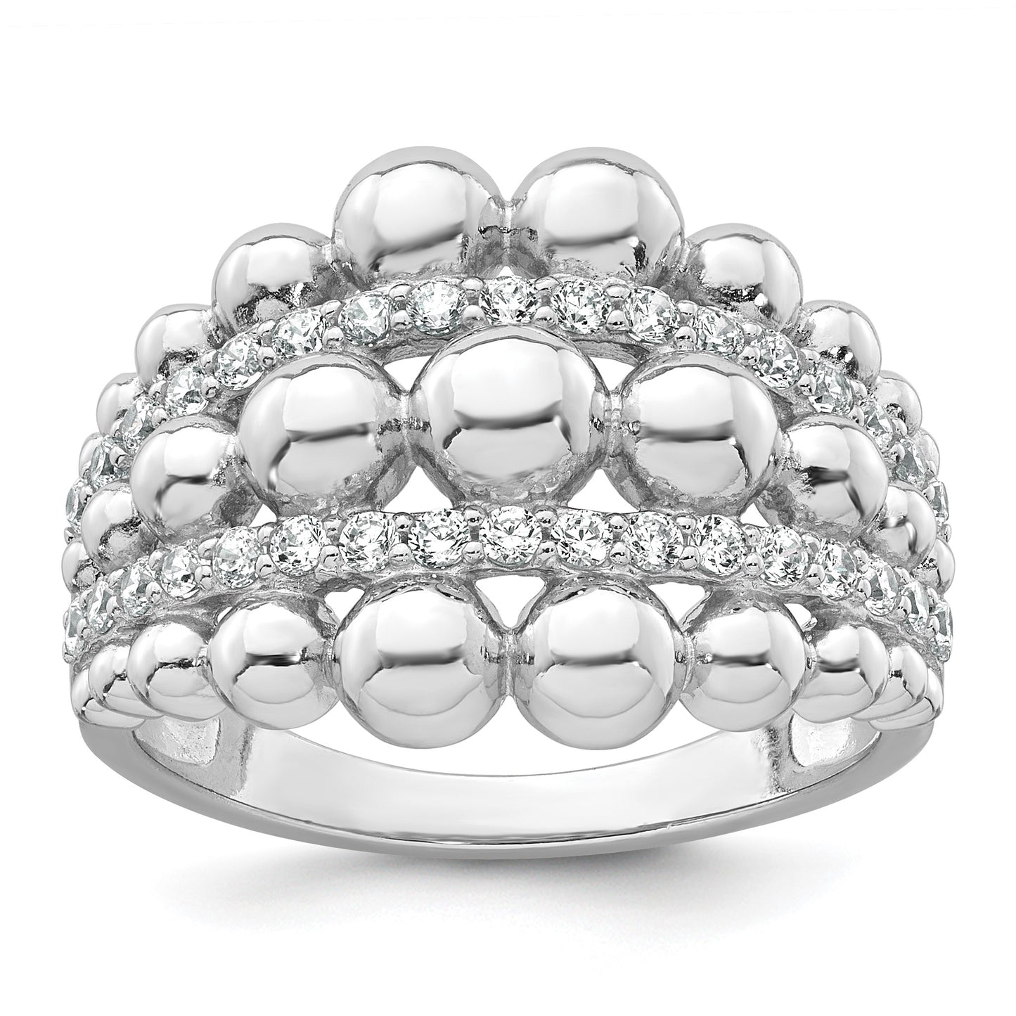 Sterling Silver Rhodium-plated Polished Graduated Beaded Fancy CZ Size 6 Ring