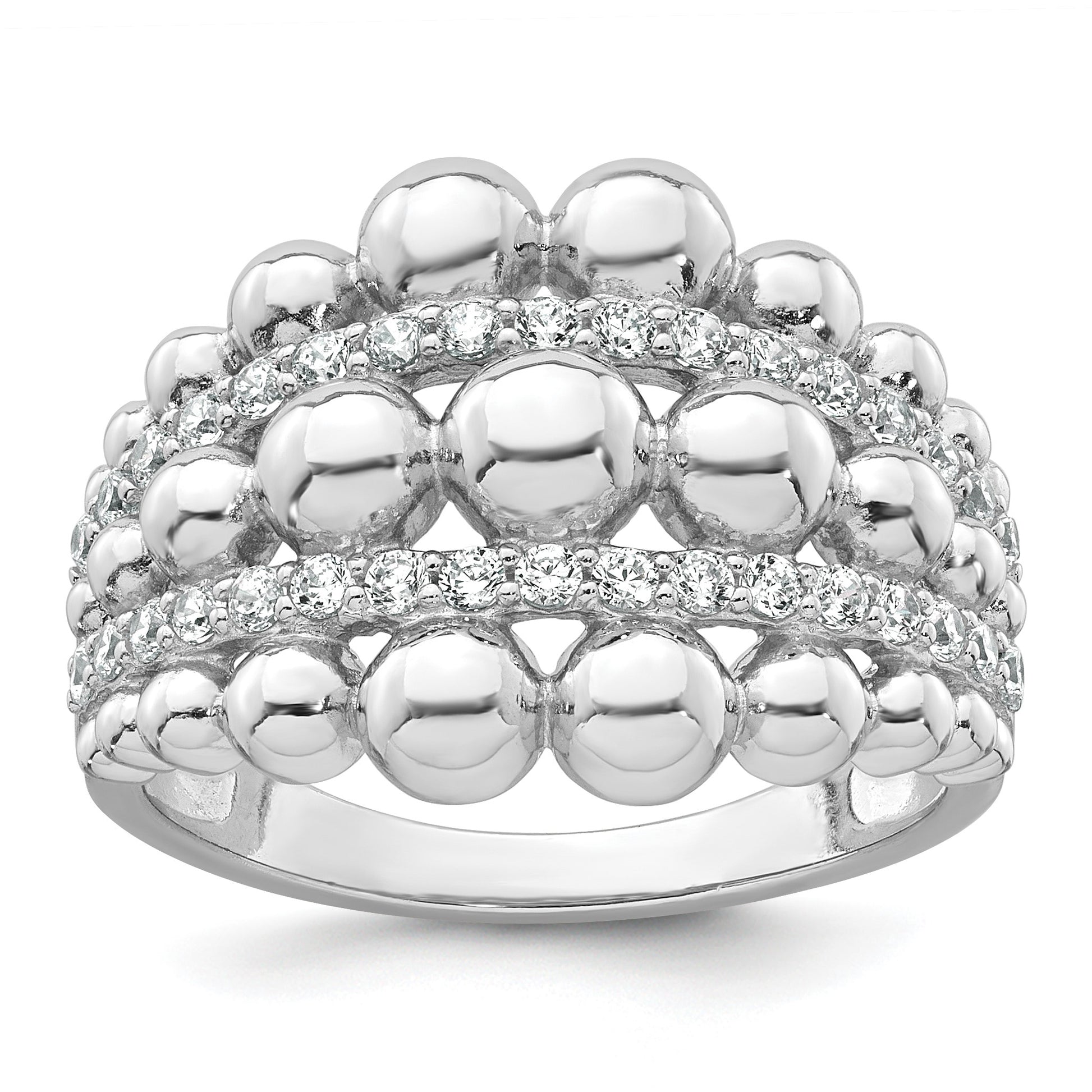 Sterling Silver Rhodium-plated Polished Graduated Beaded Fancy CZ Size 7 Ring