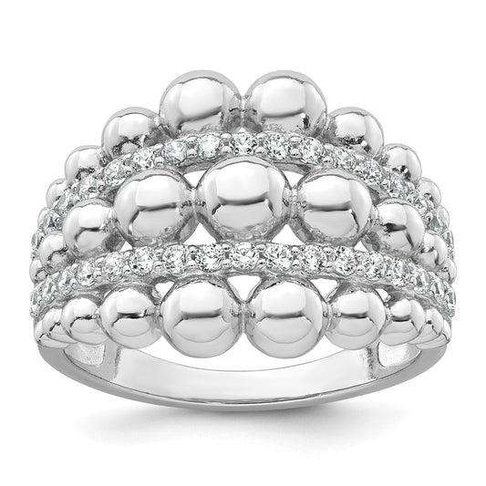 Sterling Silver Rhodium-plated Polished Graduated Beaded Fancy CZ Size 7 Ring