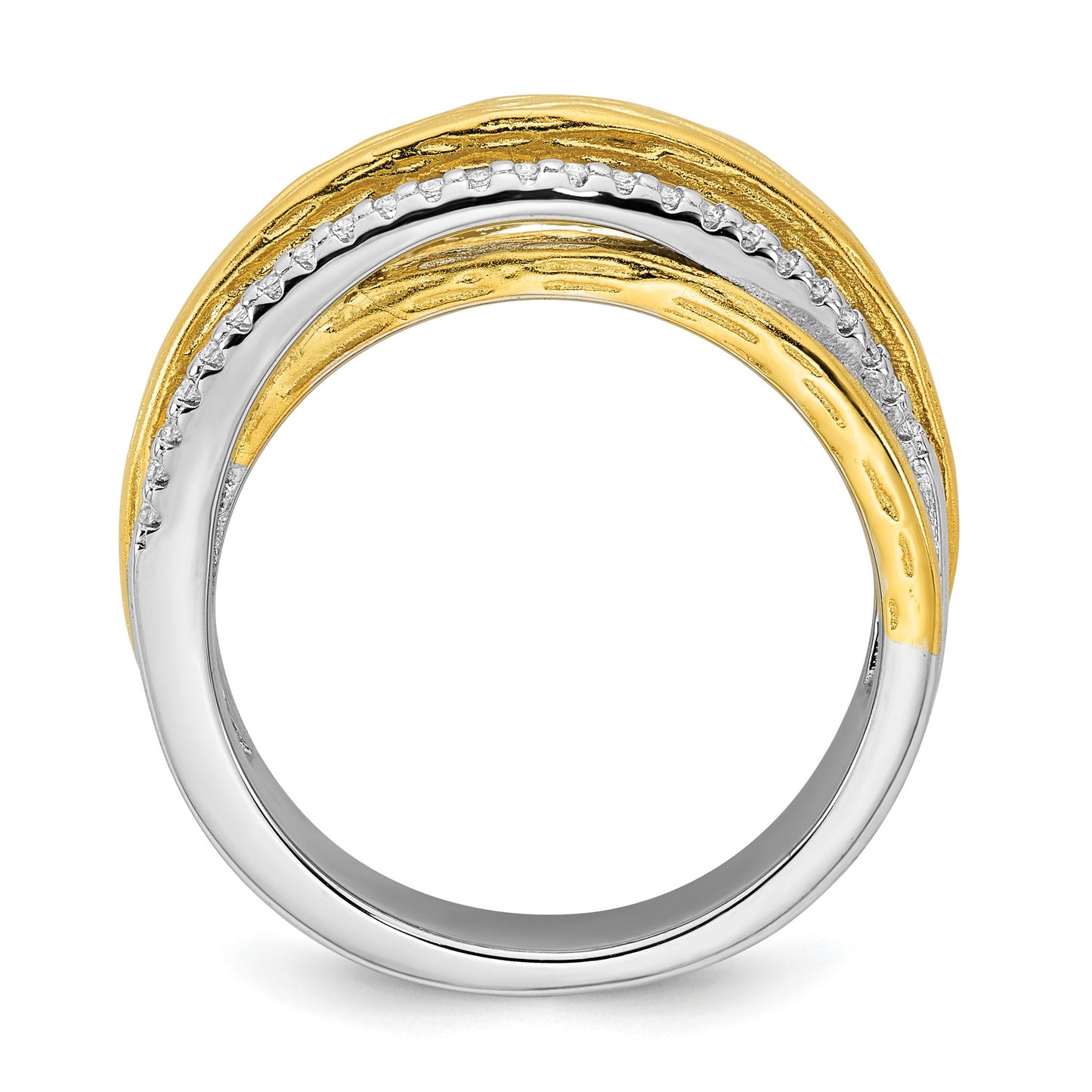 Sterling Silver Rhodium-plated and Gold-tone CZ Textured Brushed 4-Row Size 7 Ring