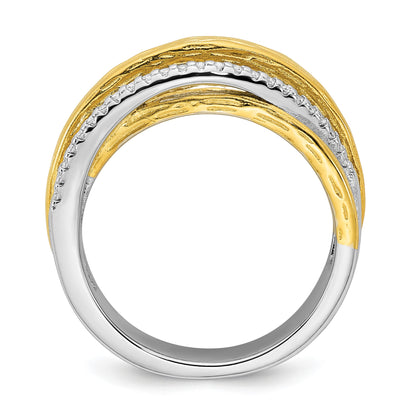 Sterling Silver Rhodium-plated and Gold-tone CZ Textured Brushed 4-Row Size 7 Ring