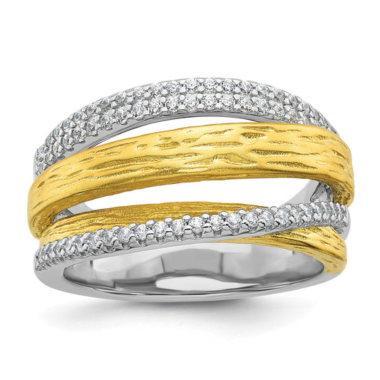 Sterling Silver Rhodium-plated and Gold-tone CZ Textured Brushed 4-Row Size 6 Ring