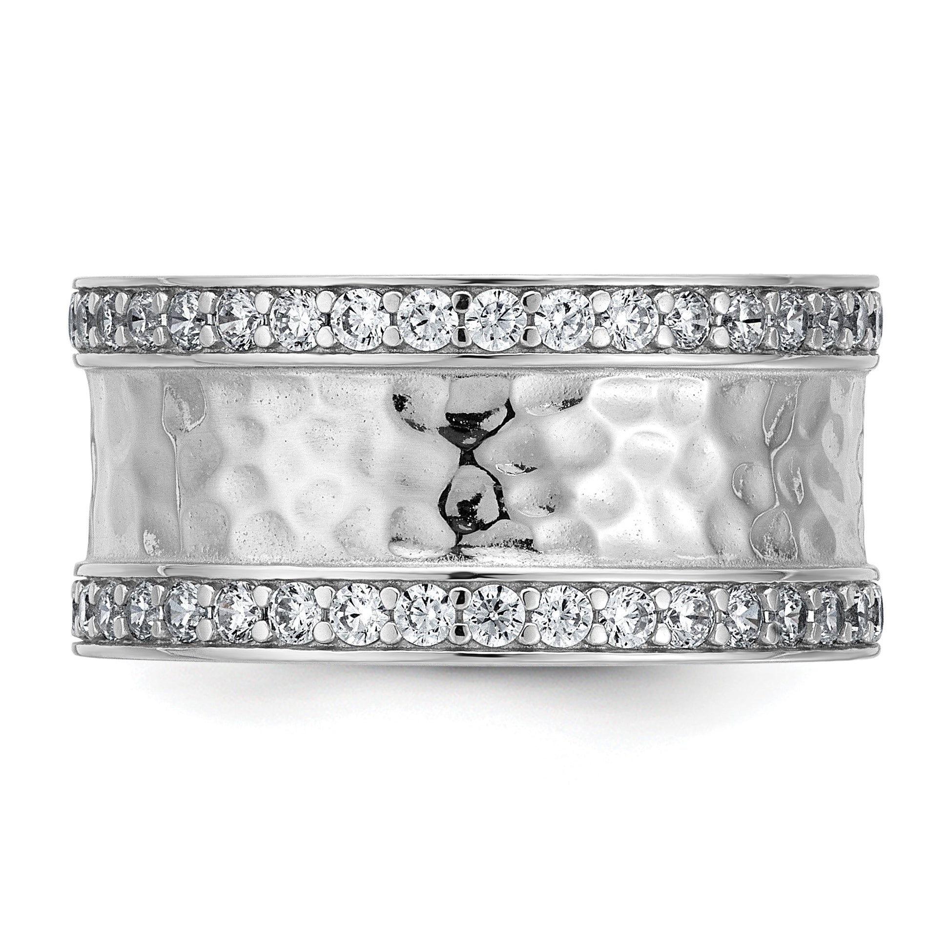 Sterling Silver Rhodium-plated CZ Polished And Hammered 9.5mm Band Size 7 Ring