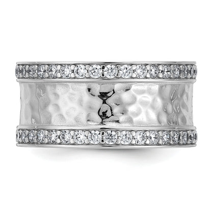 Sterling Silver Rhodium-plated CZ Polished And Hammered 9.5mm Band Size 7 Ring