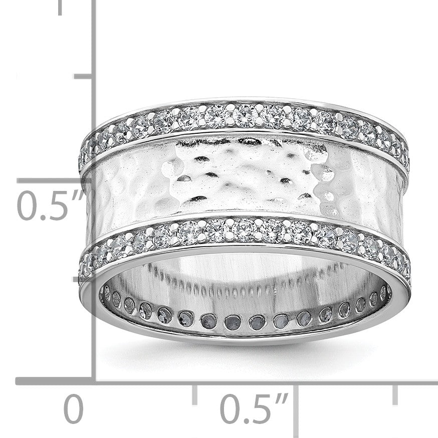 Sterling Silver Rhodium-plated CZ Polished And Hammered 9.5mm Band Size 6 Ring
