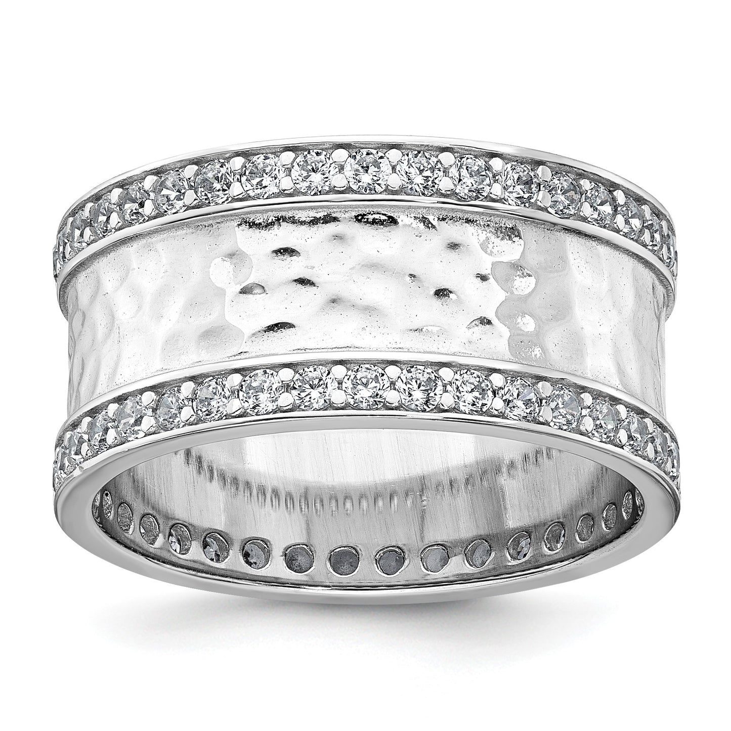 Sterling Silver Rhodium-plated CZ Polished And Hammered 9.5mm Band Size 8 Ring