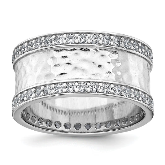 Sterling Silver Rhodium-plated CZ Polished And Hammered 9.5mm Band Size 8 Ring