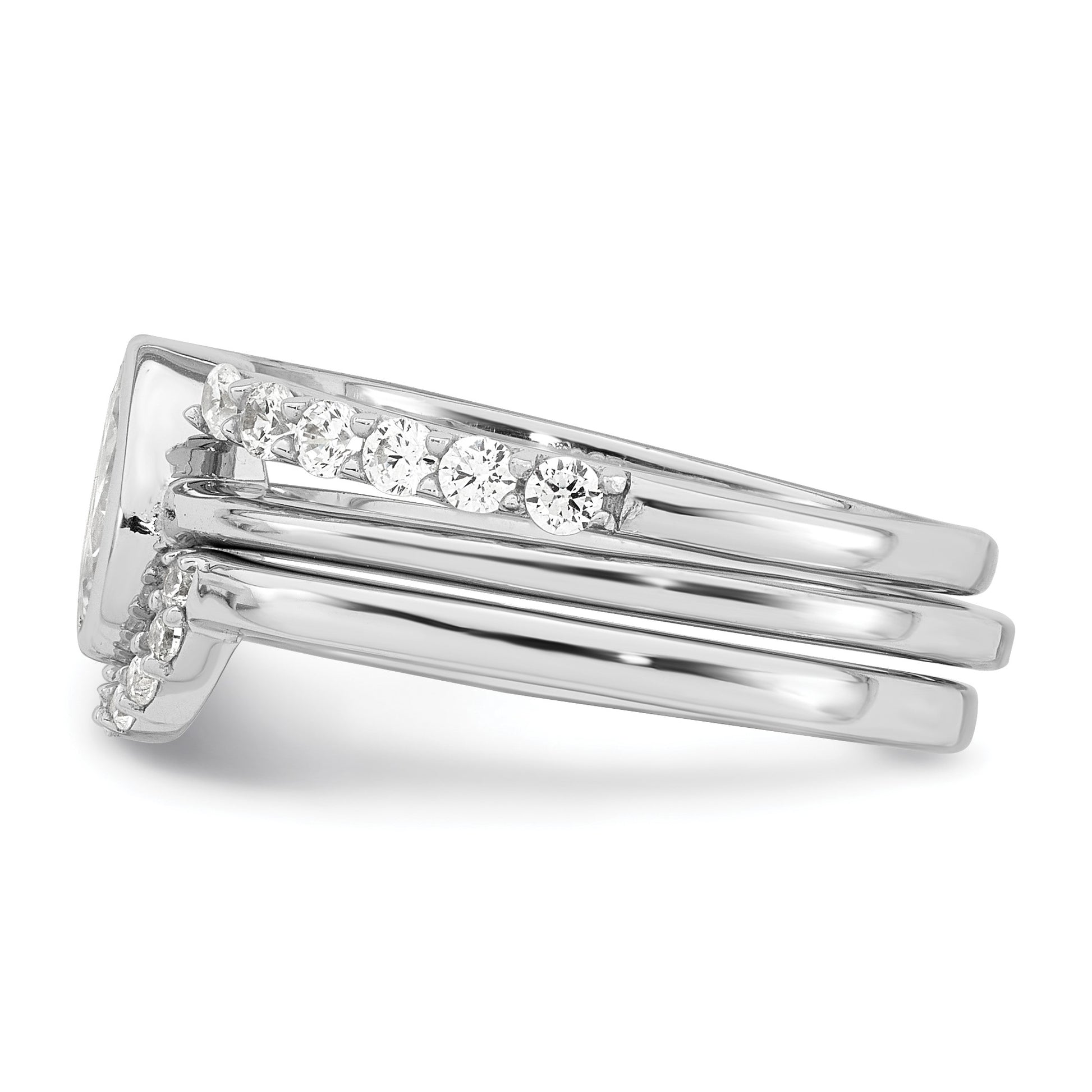 Sterling Silver Rhodium-plated Polished Pear Shape White CZ Ring with 2 Fitted CZ Bands Size 8 Three Ring Set
