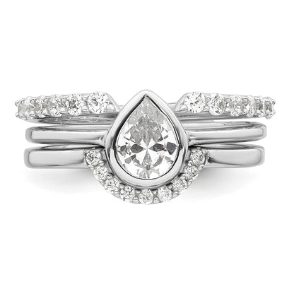Sterling Silver Rhodium-plated Polished Pear Shape White CZ Ring with 2 Fitted CZ Bands Size 6 Three Ring Set