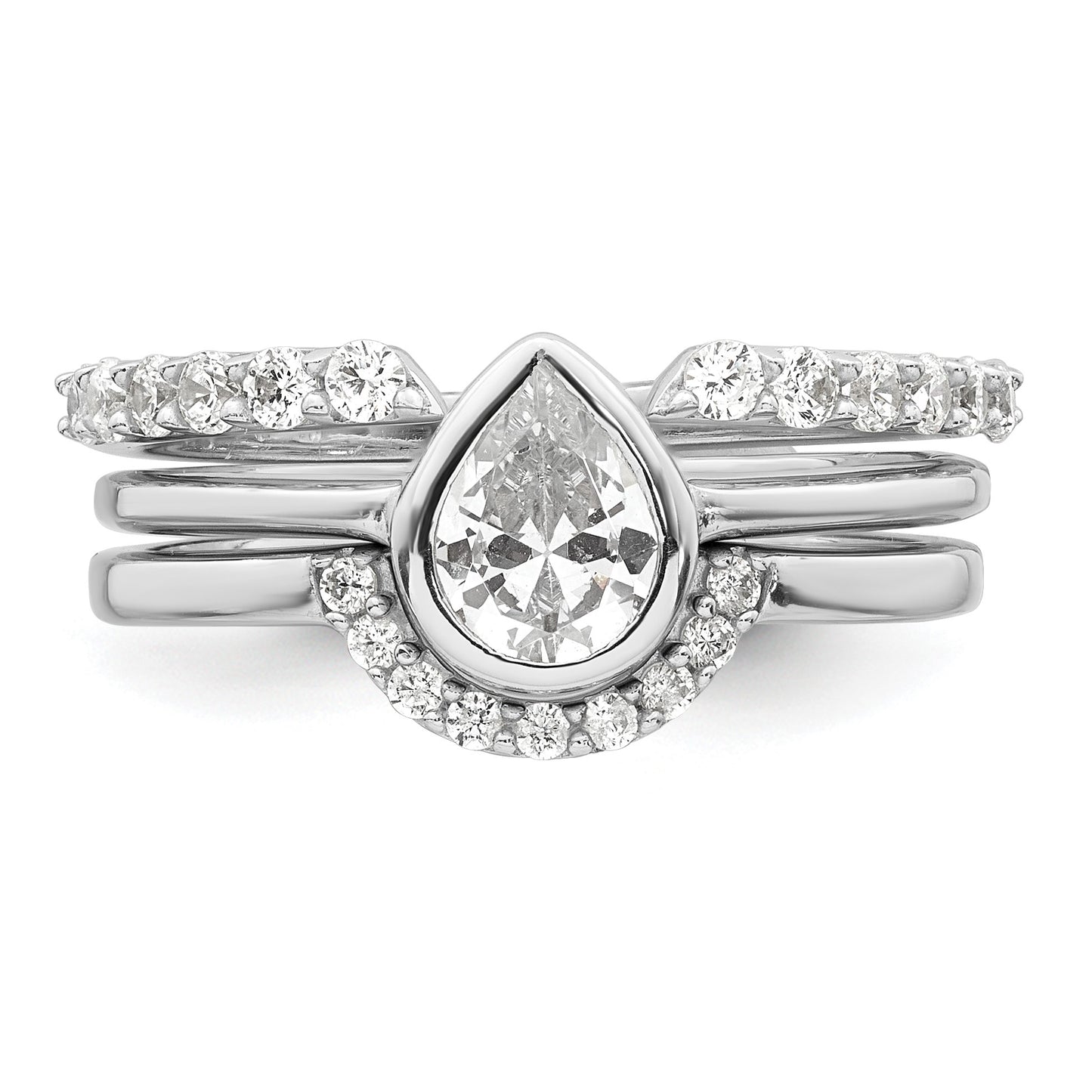 Sterling Silver Rhodium-plated Polished Pear Shape White CZ Ring with 2 Fitted CZ Bands Size 7 Three Ring Set