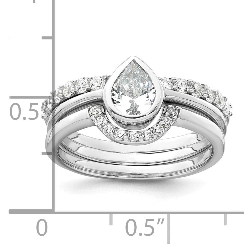 Sterling Silver Rhodium-plated Polished Pear Shape White CZ Ring with 2 Fitted CZ Bands Size 7 Three Ring Set