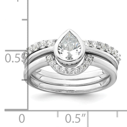 Sterling Silver Rhodium-plated Polished Pear Shape White CZ Ring with 2 Fitted CZ Bands Size 7 Three Ring Set