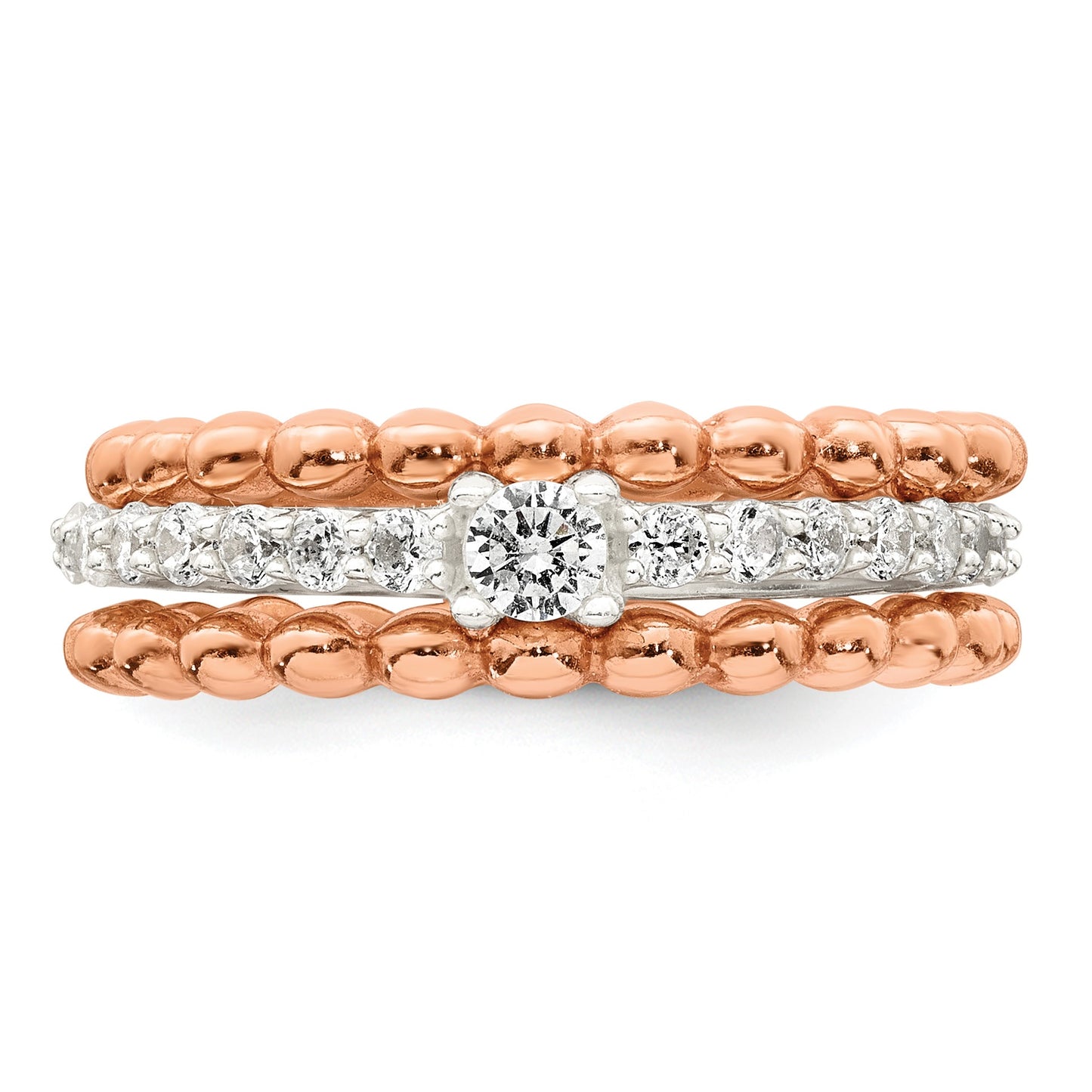 Sterling Silver and Rose-tone Polished Round White CZ Ring with 2 Beaded Bands Size 8 Three Ring Set
