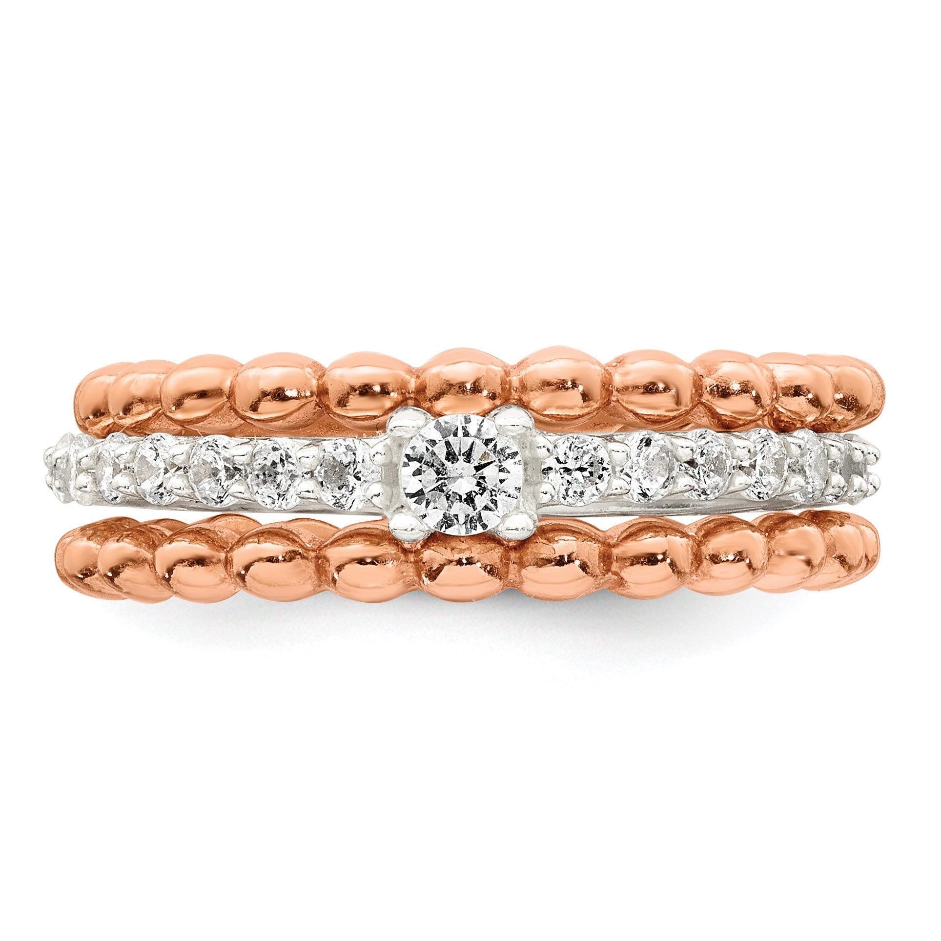 Sterling Silver and Rose-tone Polished Round White CZ Ring with 2 Beaded Bands Size 8 Three Ring Set