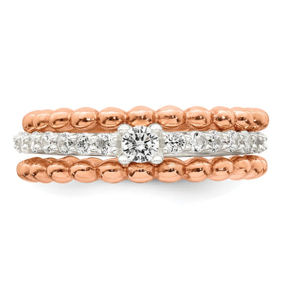 Sterling Silver and Rose-tone Polished Round White CZ Ring with 2 Beaded Bands Size 6 Three Ring Set