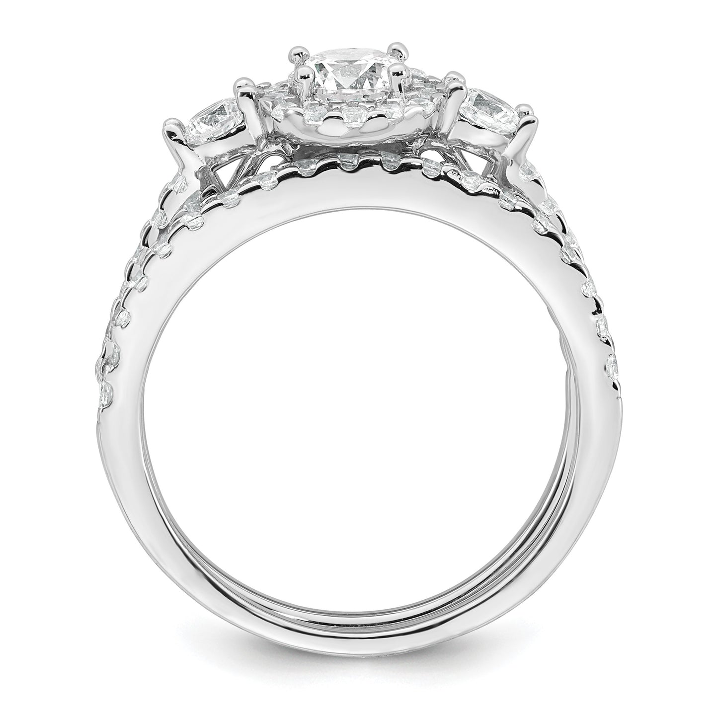 Sterling Silver Rhodium-plated Polished CZ 3-Stone Halo Size 7 Engagement Ring and Wedding Band Set