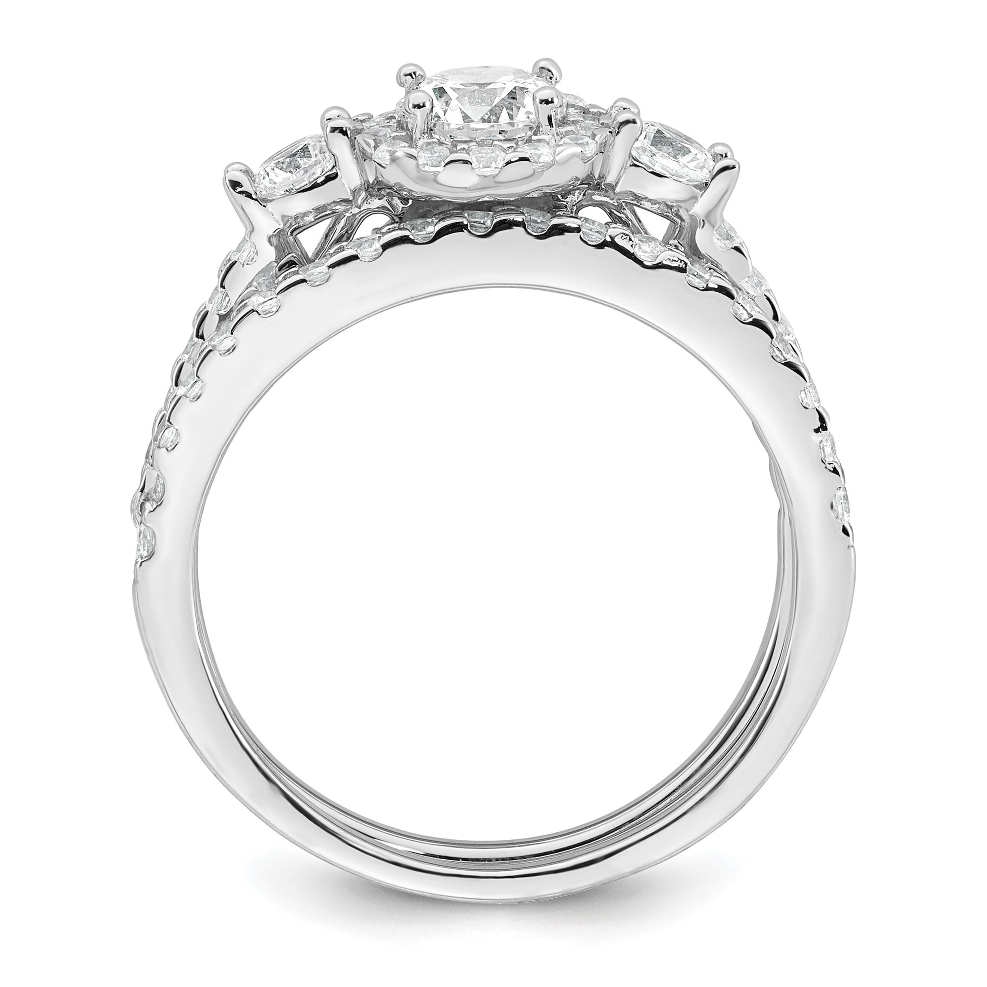 Sterling Silver Rhodium-plated Polished CZ 3-Stone Halo Size 7 Engagement Ring and Wedding Band Set
