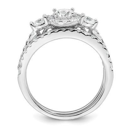 Sterling Silver Rhodium-plated Polished CZ 3-Stone Halo Size 7 Engagement Ring and Wedding Band Set