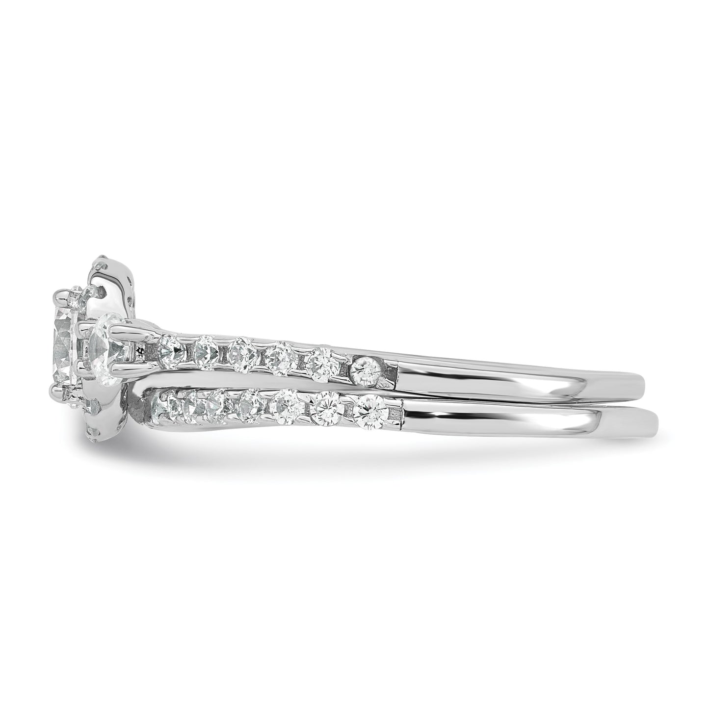 Sterling Silver Rhodium-plated Polished CZ 3-Stone Halo Size 7 Engagement Ring and Wedding Band Set