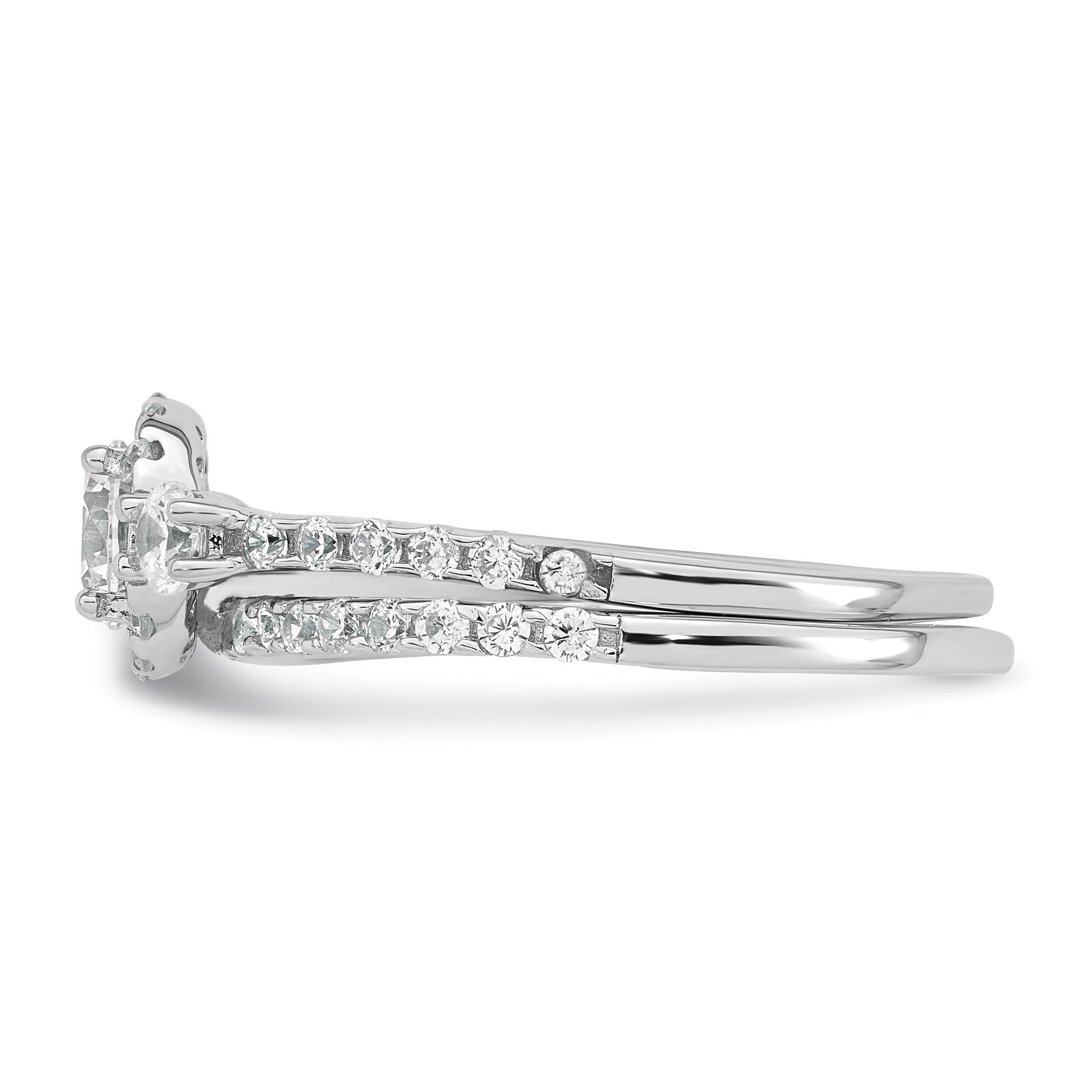 Sterling Silver Rhodium-plated Polished CZ 3-Stone Halo Size 8 Engagement Ring and Wedding Band Set