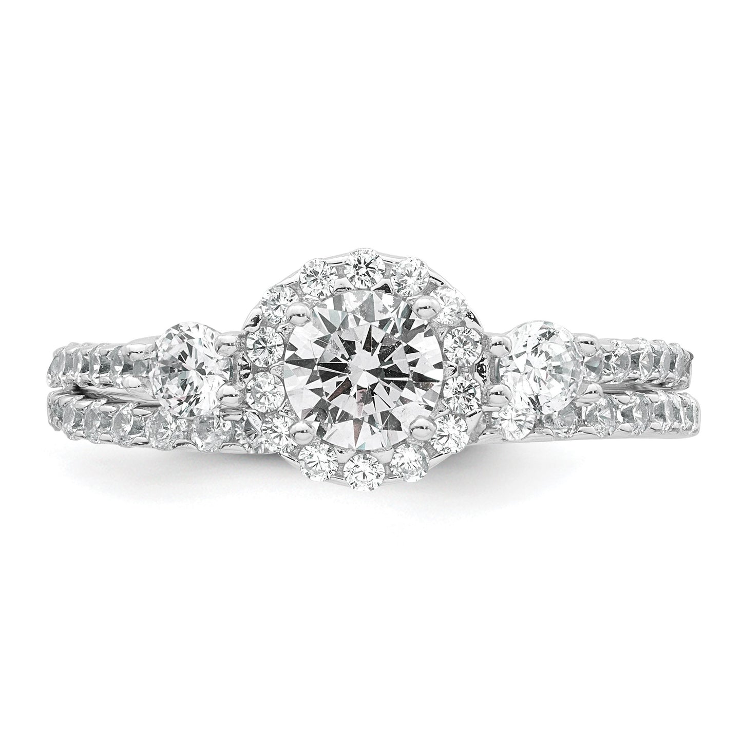 Sterling Silver Rhodium-plated Polished CZ 3-Stone Halo Size 7 Engagement Ring and Wedding Band Set