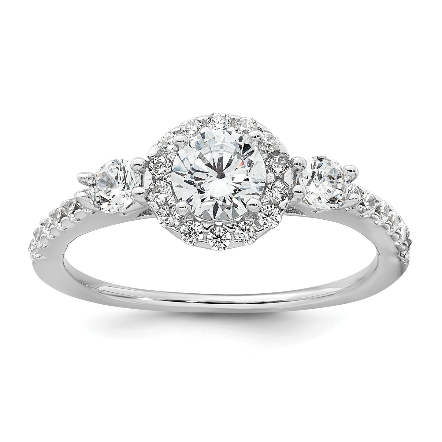 Sterling Silver Rhodium-plated Polished CZ 3-Stone Halo Size 7 Engagement Ring and Wedding Band Set