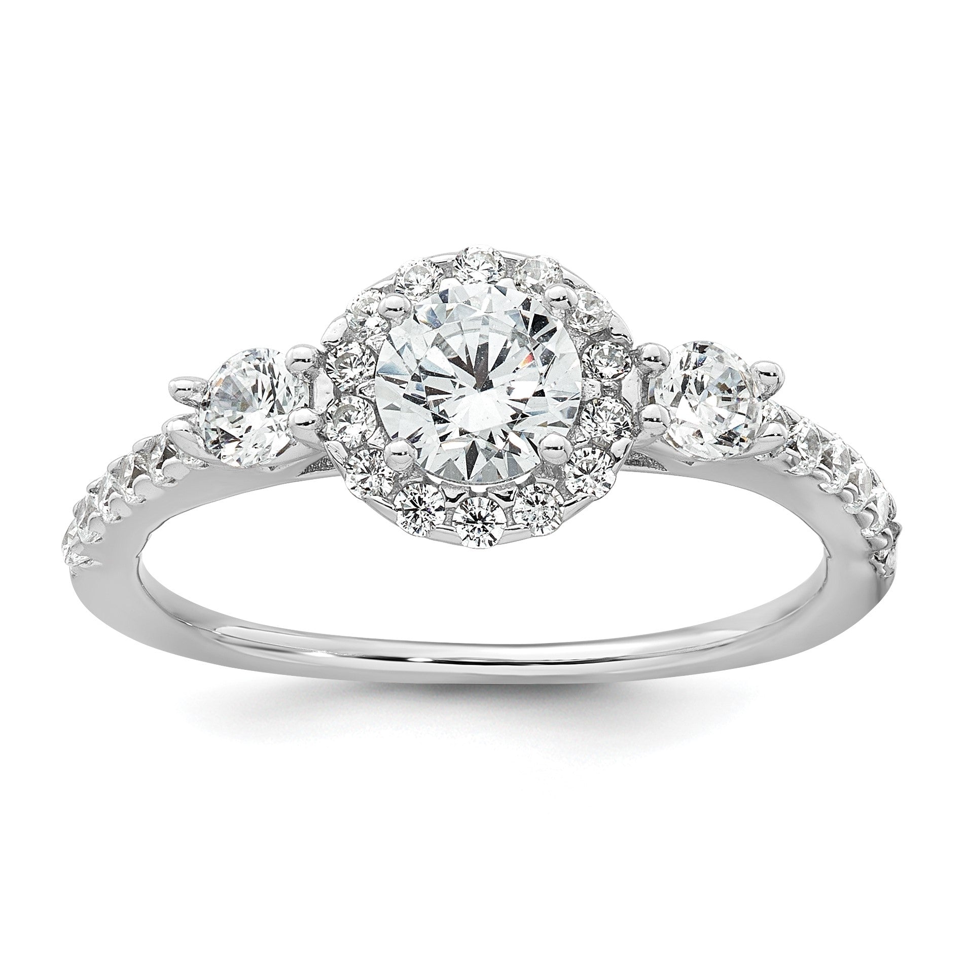 Sterling Silver Rhodium-plated Polished CZ 3-Stone Halo Size 7 Engagement Ring and Wedding Band Set