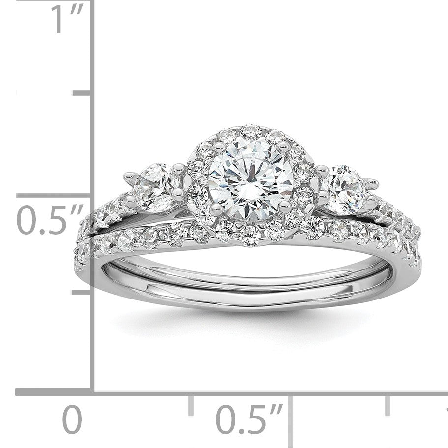 Sterling Silver Rhodium-plated Polished CZ 3-Stone Halo Size 7 Engagement Ring and Wedding Band Set