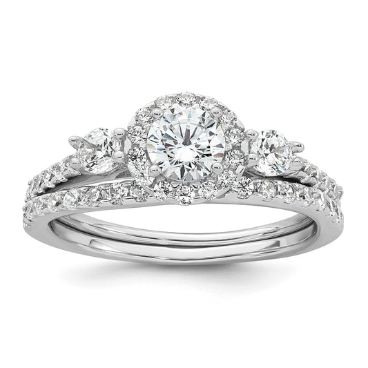 Sterling Silver Rhodium-plated Polished CZ 3-Stone Halo Size 7 Engagement Ring and Wedding Band Set