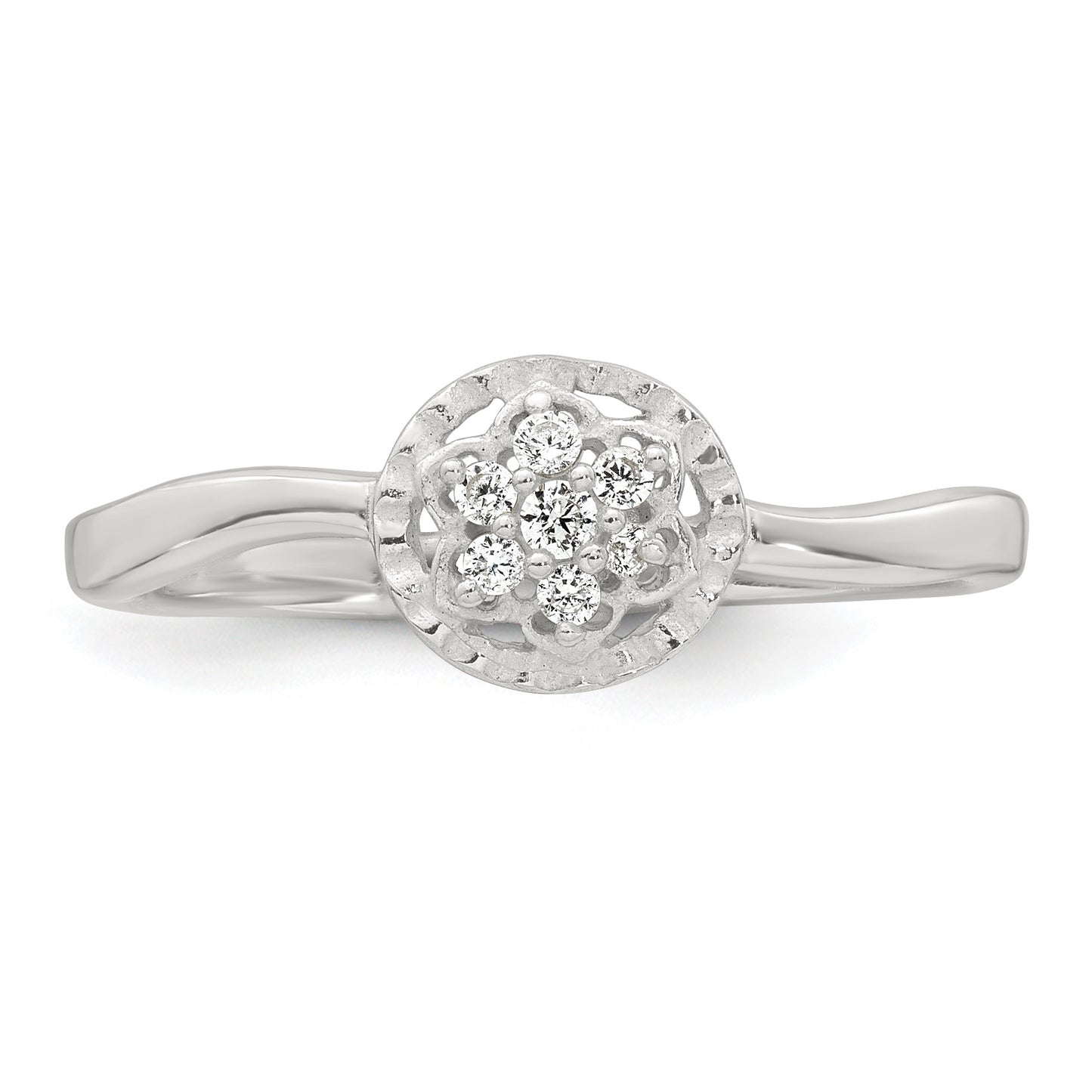 Sterling Silver Polished and Grooved White CZ Flower with Wavy Shank Size 7 Ring