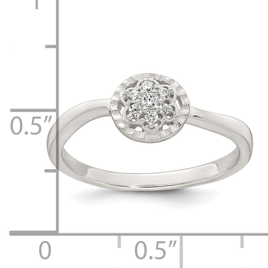 Sterling Silver Polished and Grooved White CZ Flower with Wavy Shank Size 7 Ring