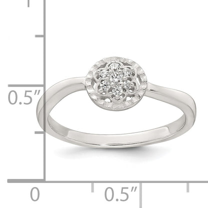 Sterling Silver Polished and Grooved White CZ Flower with Wavy Shank Size 8 Ring