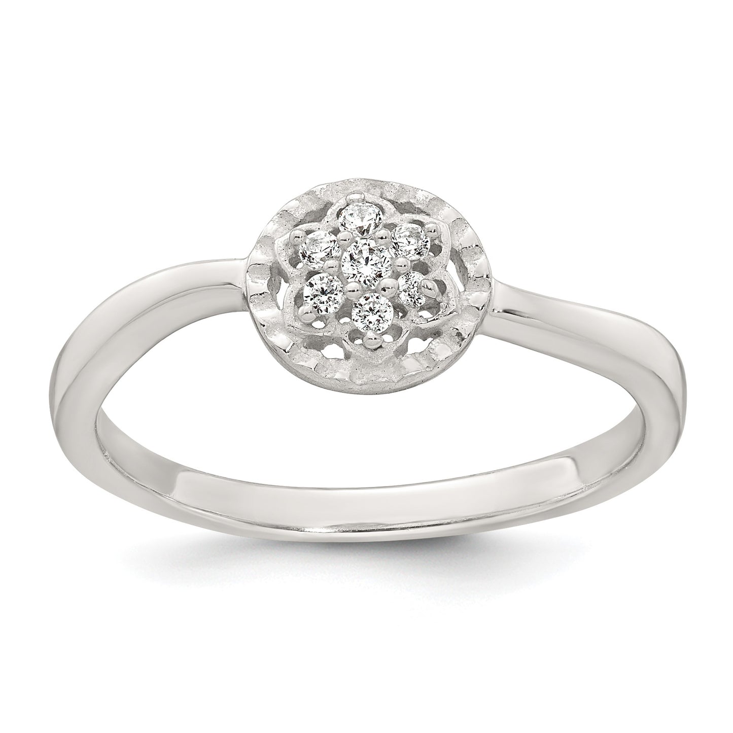 Sterling Silver Polished and Grooved White CZ Flower with Wavy Shank Size 8 Ring