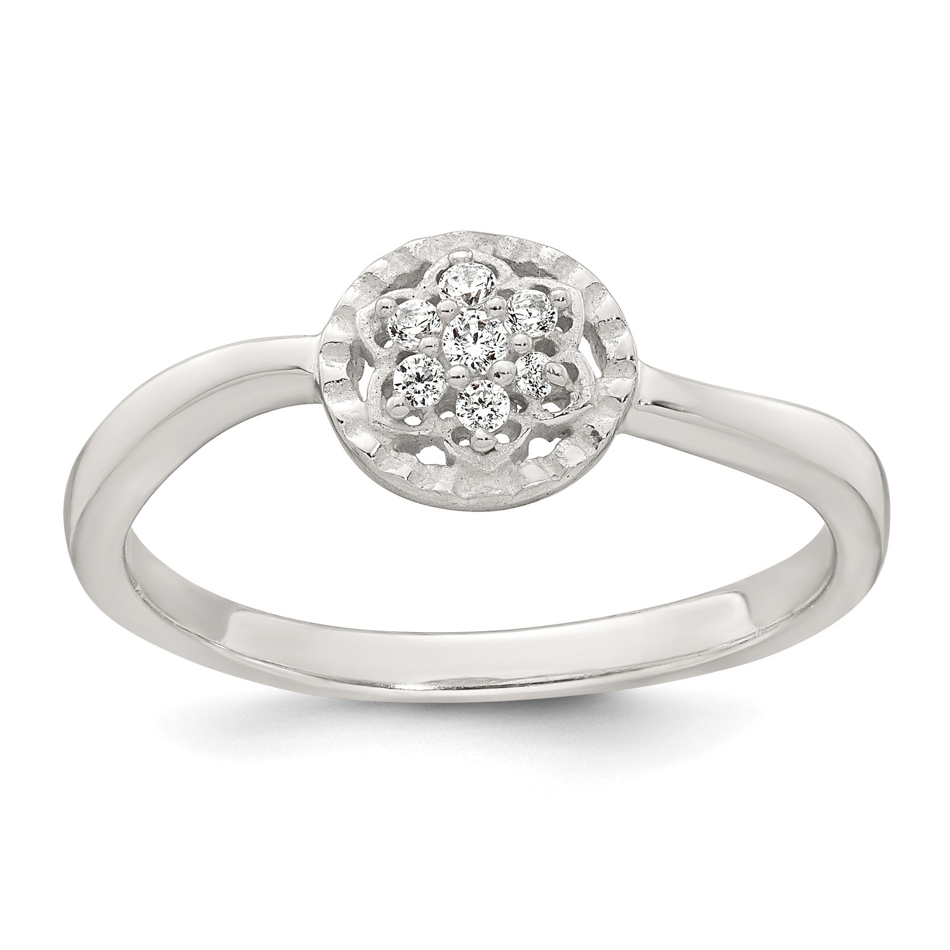 Sterling Silver Polished and Grooved White CZ Flower with Wavy Shank Size 8 Ring