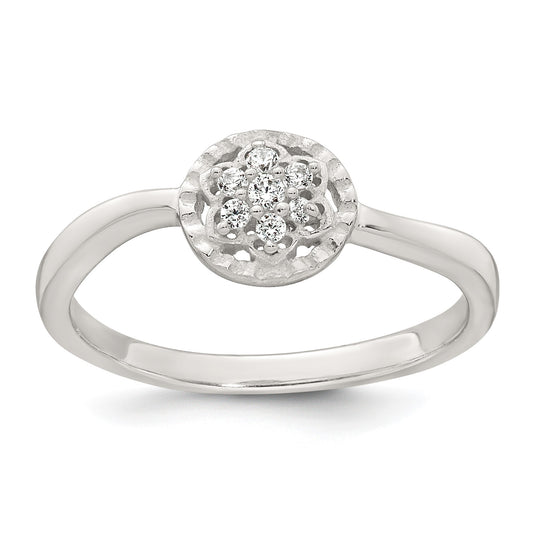 Sterling Silver Polished and Grooved White CZ Flower with Wavy Shank Size 8 Ring
