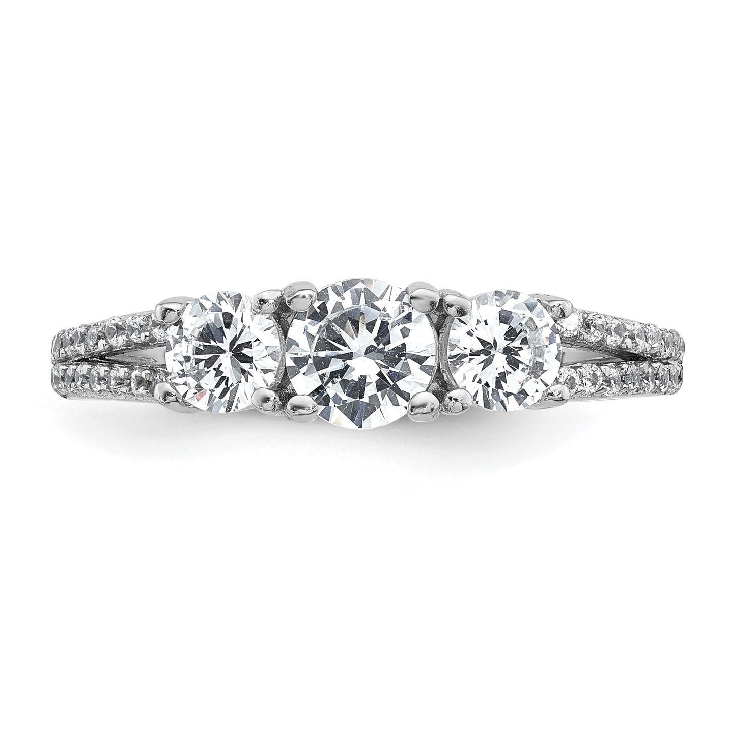 Sterling Silver Rhodium-plated Polished CZ Three Stone Split Shank Size 6 Ring