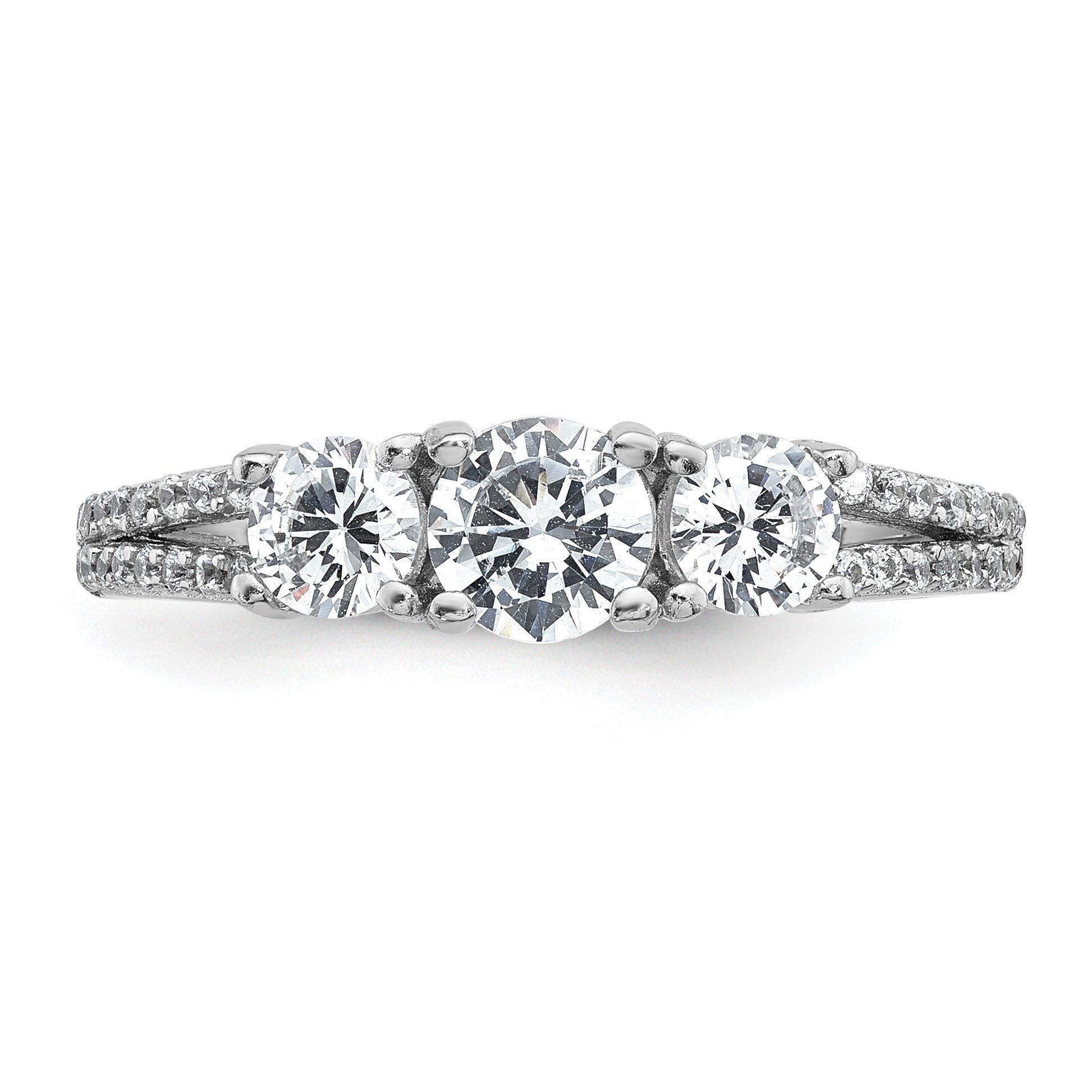 Sterling Silver Rhodium-plated Polished CZ Three Stone Split Shank Size 7 Ring