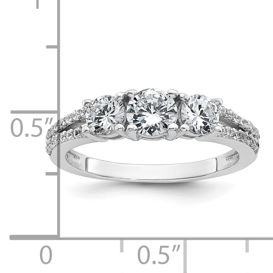 Sterling Silver Rhodium-plated Polished CZ Three Stone Split Shank Size 7 Ring
