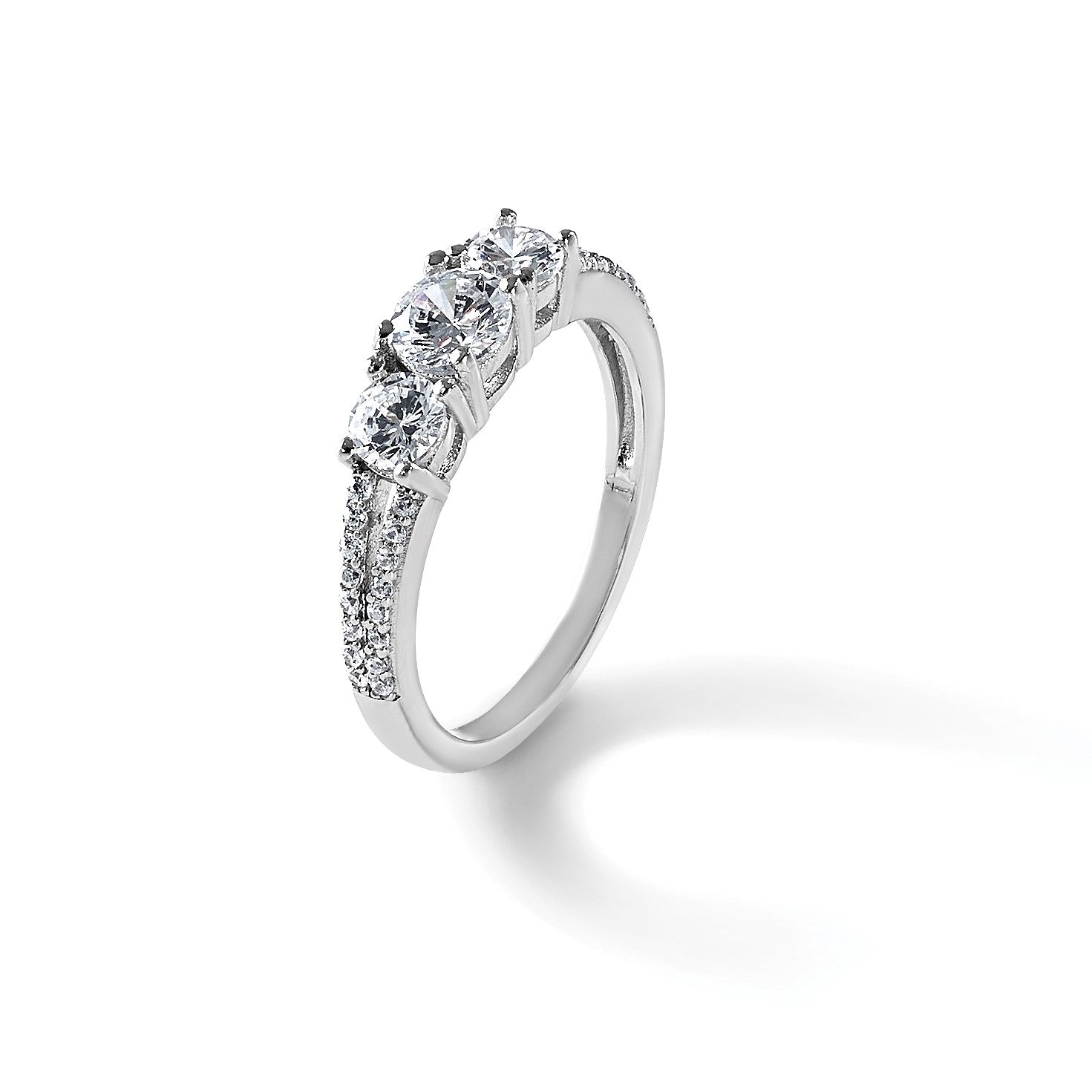 Sterling Silver Rhodium-plated Polished CZ Three Stone Split Shank Size 6 Ring