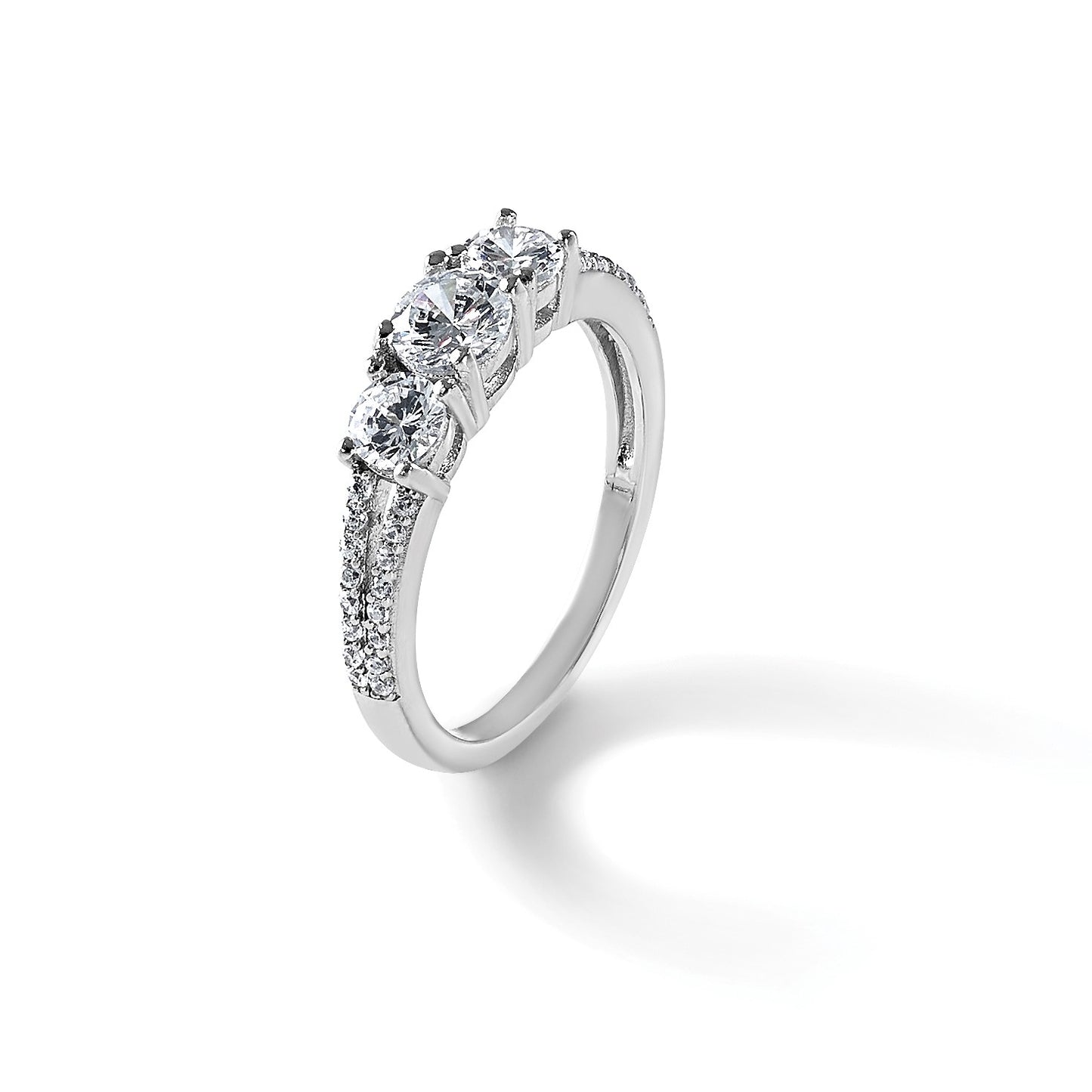 Sterling Silver Rhodium-plated Polished CZ Three Stone Split Shank Size 8 Ring
