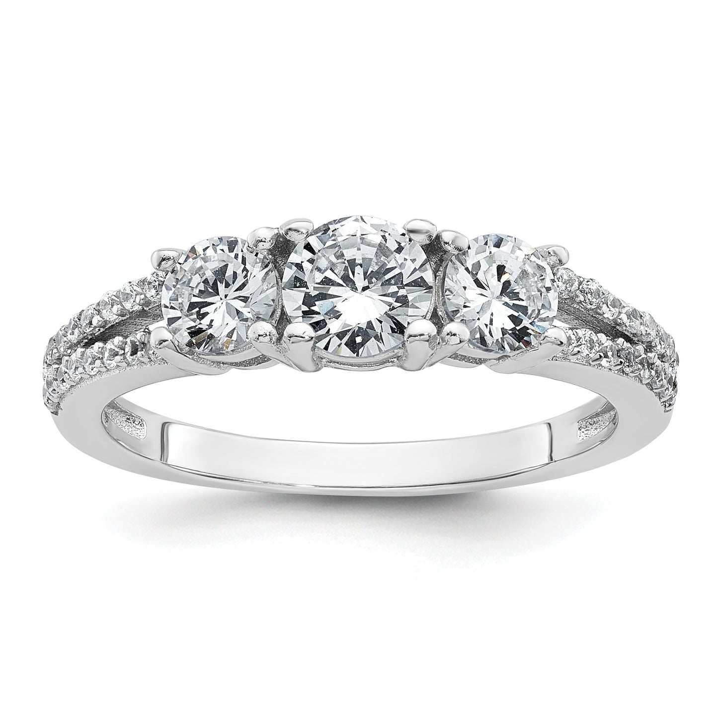 Sterling Silver Rhodium-plated Polished CZ Three Stone Split Shank Size 7 Ring