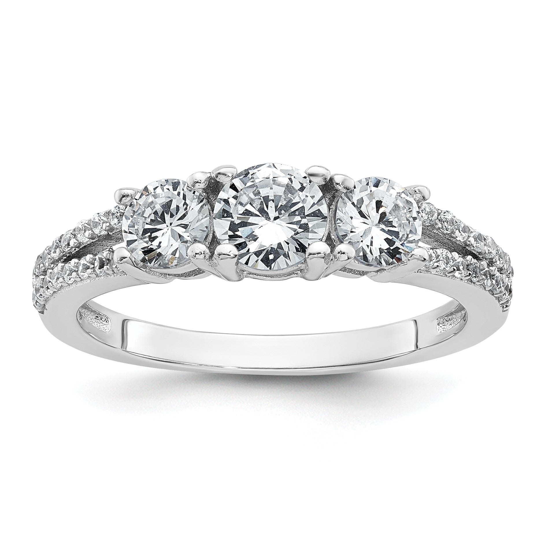 Sterling Silver Rhodium-plated Polished CZ Three Stone Split Shank Size 7 Ring