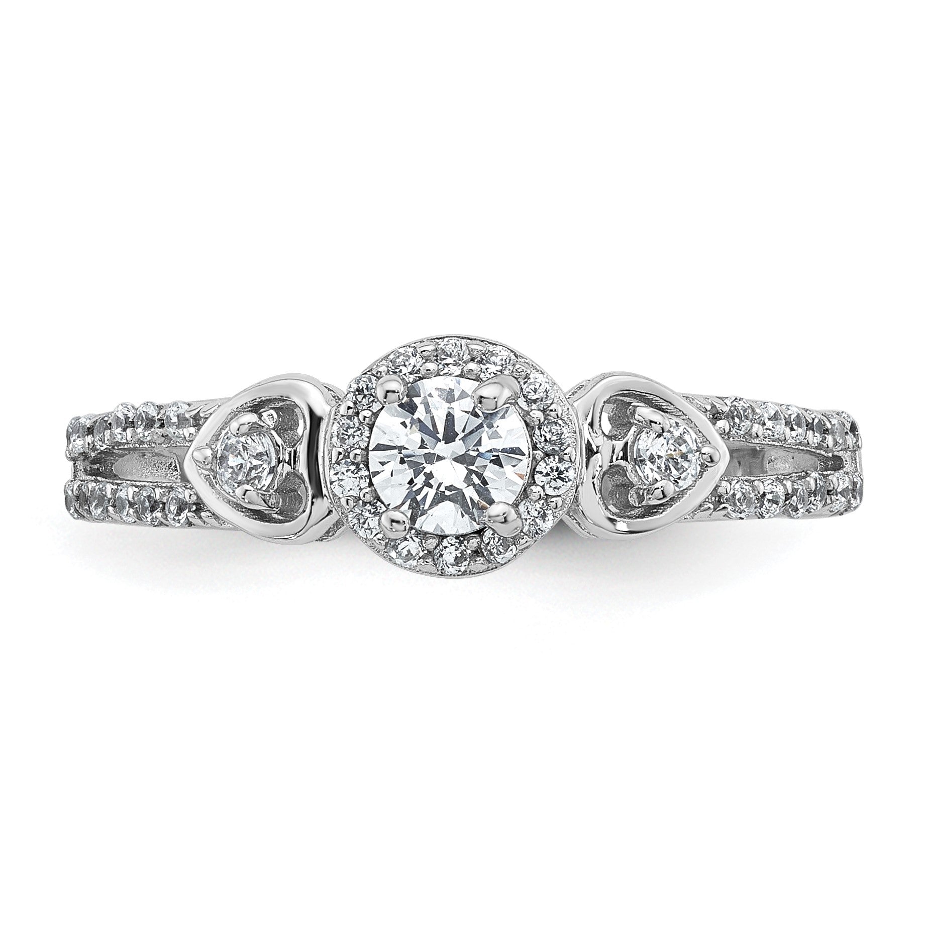 Sterling Silver Rhodium-plated Polished Round CZ Halo Double Side Heart Split Shank Size 6 Ring