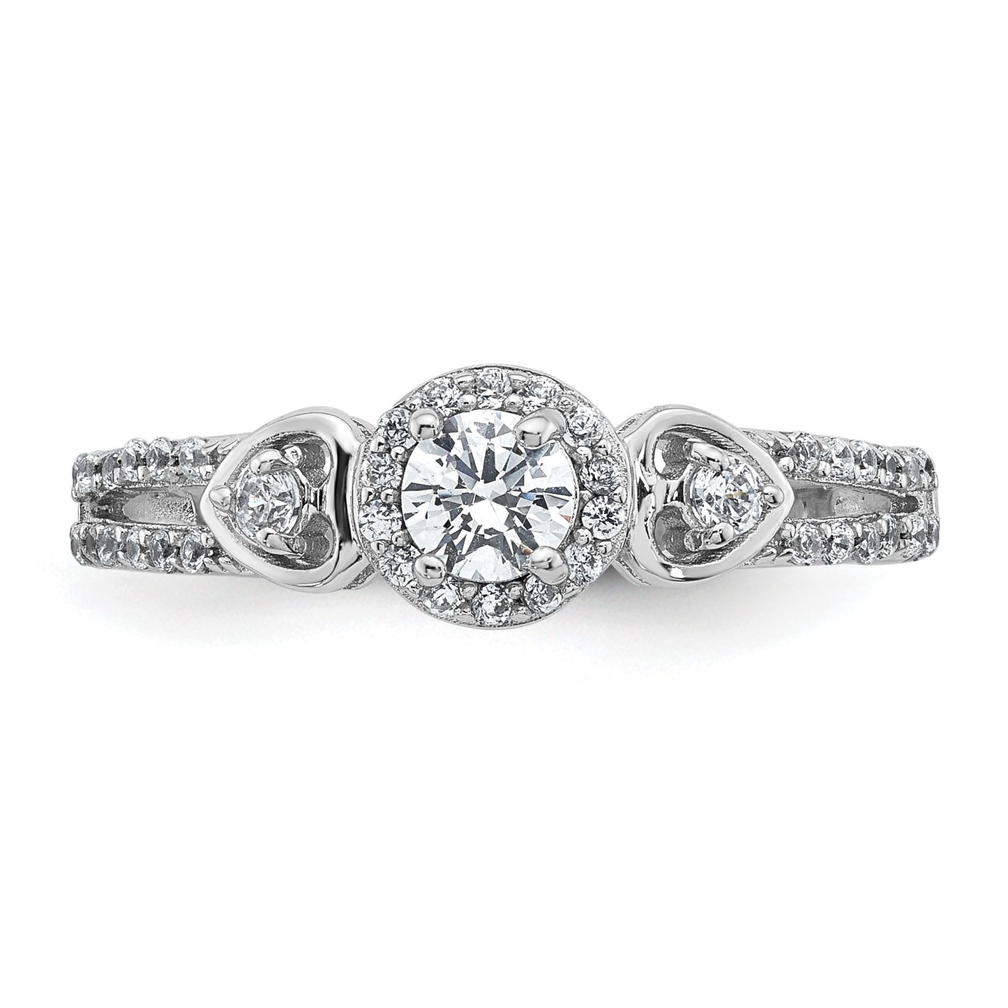 Sterling Silver Rhodium-plated Polished Round CZ Halo Double Side Heart Split Shank Size 7 Ring