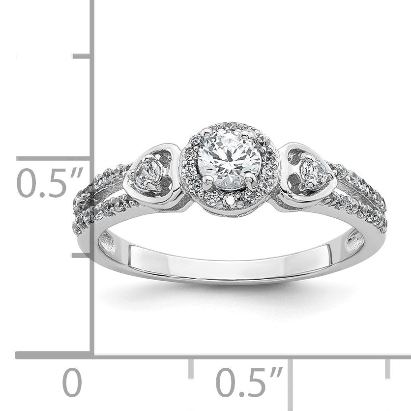 Sterling Silver Rhodium-plated Polished Round CZ Halo Double Side Heart Split Shank Size 6 Ring