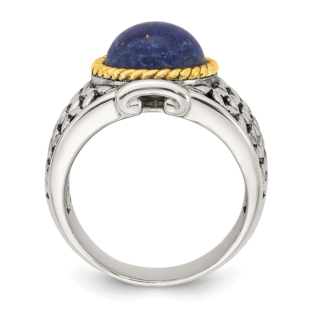 Sterling Silver Antiqued with Gold-plated Accent Polished Round Lapis Cabochon Woven Pattern Ring
