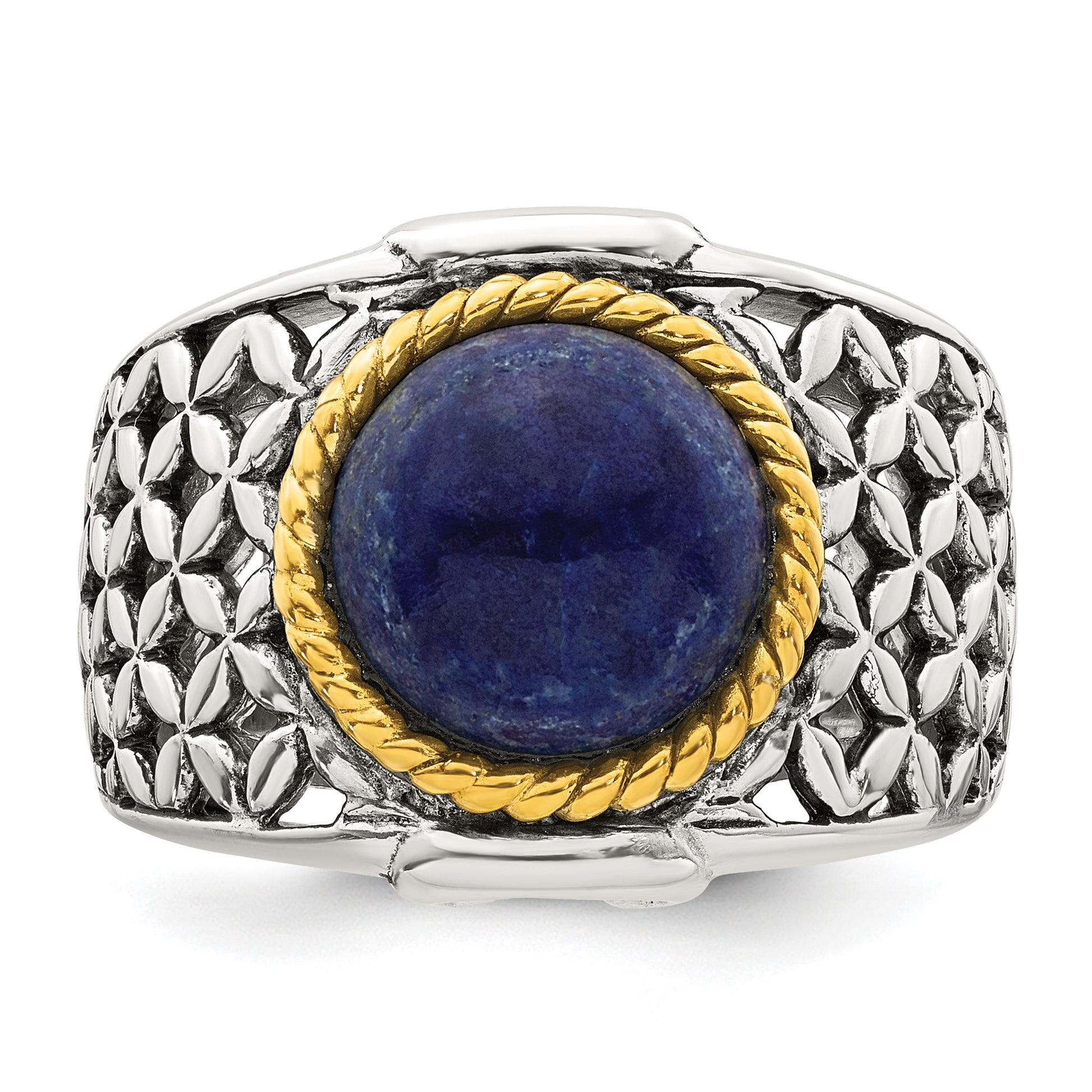 Sterling Silver Antiqued with Gold-plated Accent Polished Round Lapis Cabochon Woven Pattern Ring