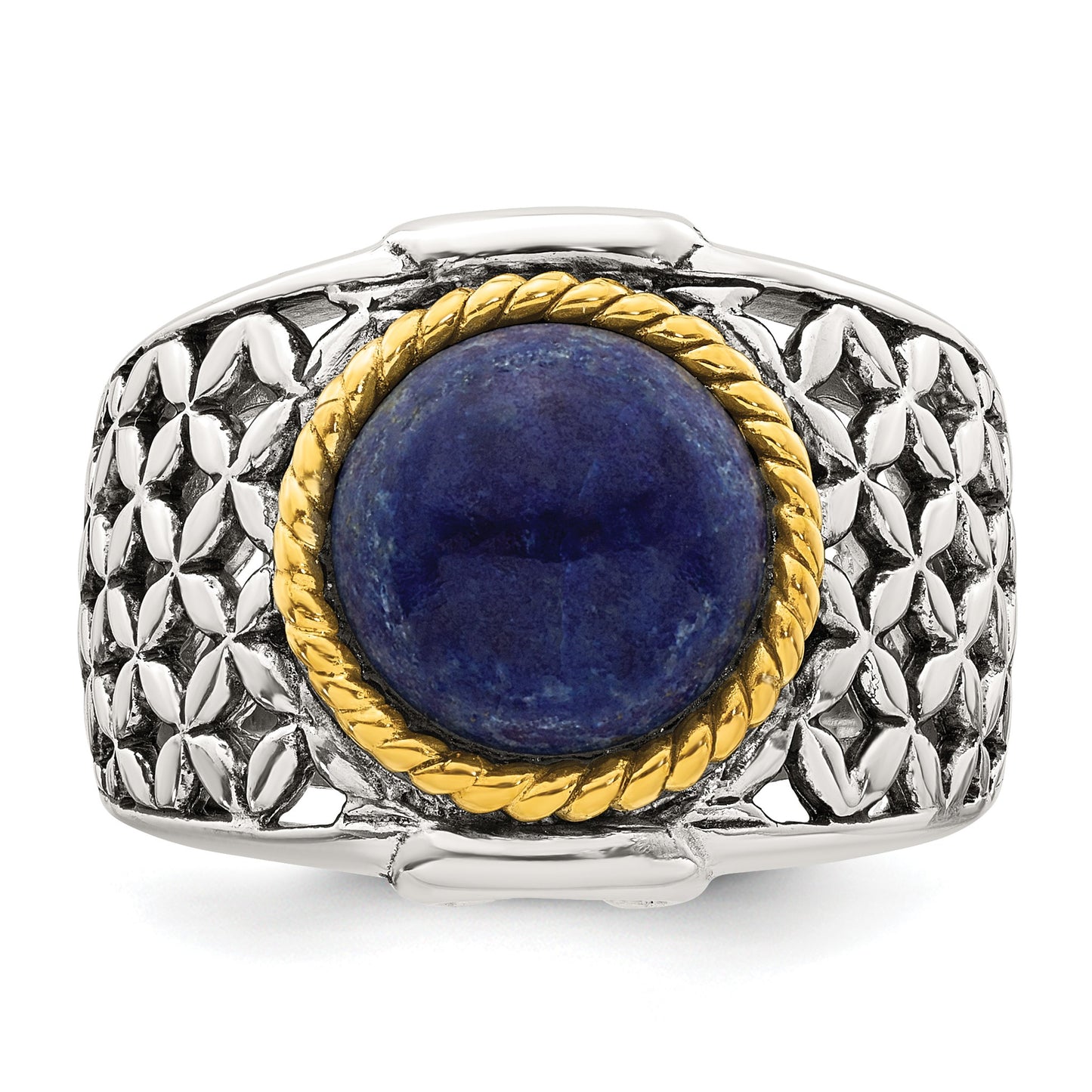 Sterling Silver Antiqued with Gold-plated Accent Polished Round Lapis Cabochon Woven Pattern Ring